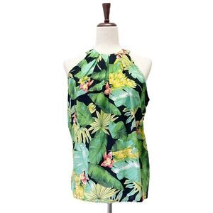 NWT Nicole Miller Tropical Palm Floral Print Halter Top Black Green Size XS NEW